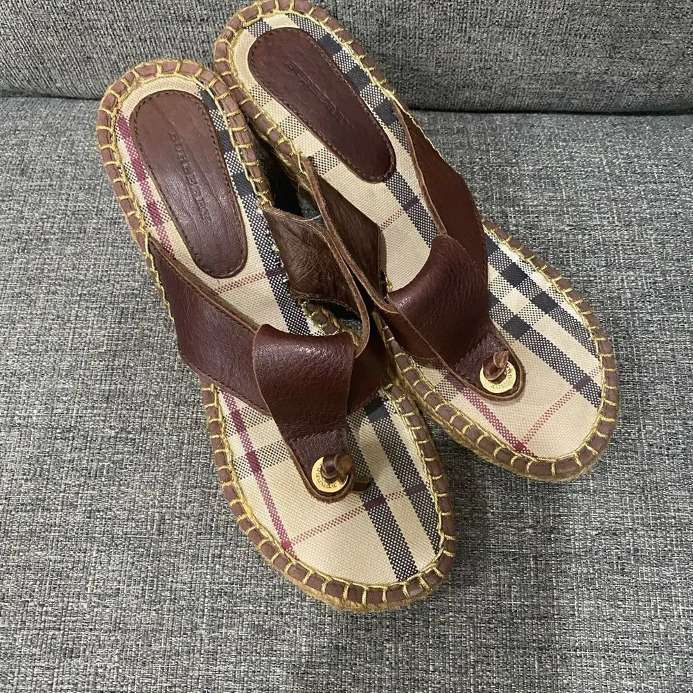 Burberry Brown Leather Espadrilles Wedge Sandals Women Size 39